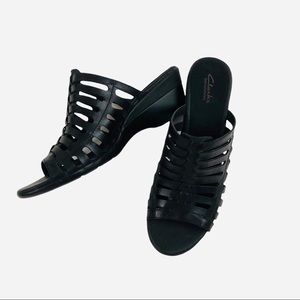 Clark’s Bendables Comfort Slide Leather Cage Wedge black Sandals Sz 10